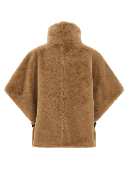 Cape by PINKO for women in polyester leather & fur beige, black, camel & silver showcases a enveloping silhouette, elegantly detailed with a enveloping wrap high-neck neckline and premium .