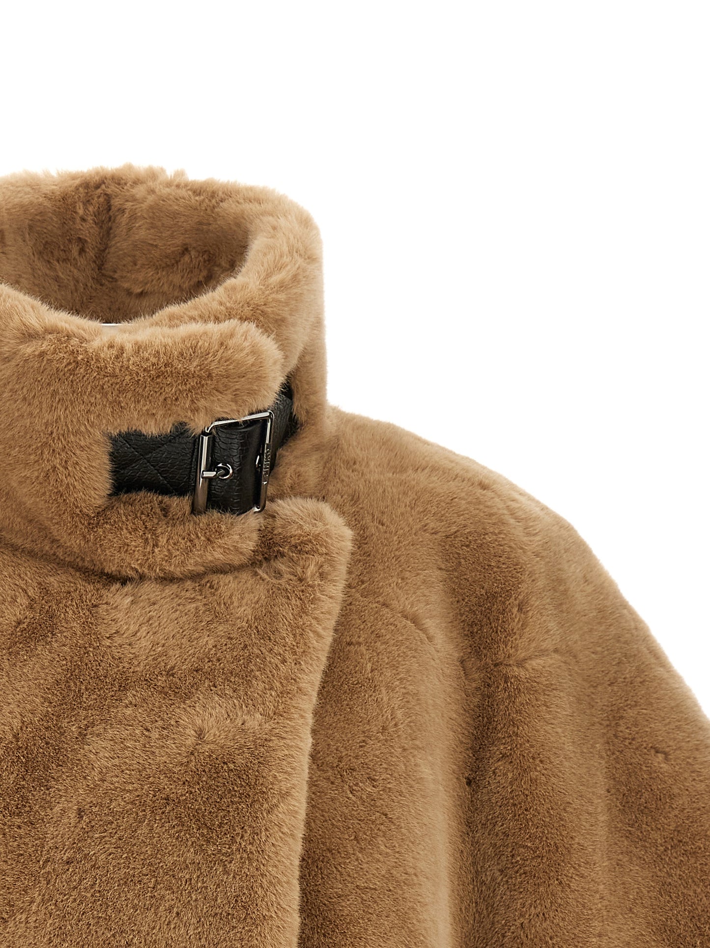 Cape by PINKO for women in polyester leather & fur beige, black, camel & silver features an captivating silhouette, showcasing a sophisticated wrap high-neck neckline and captivating for a truly captivating finish.