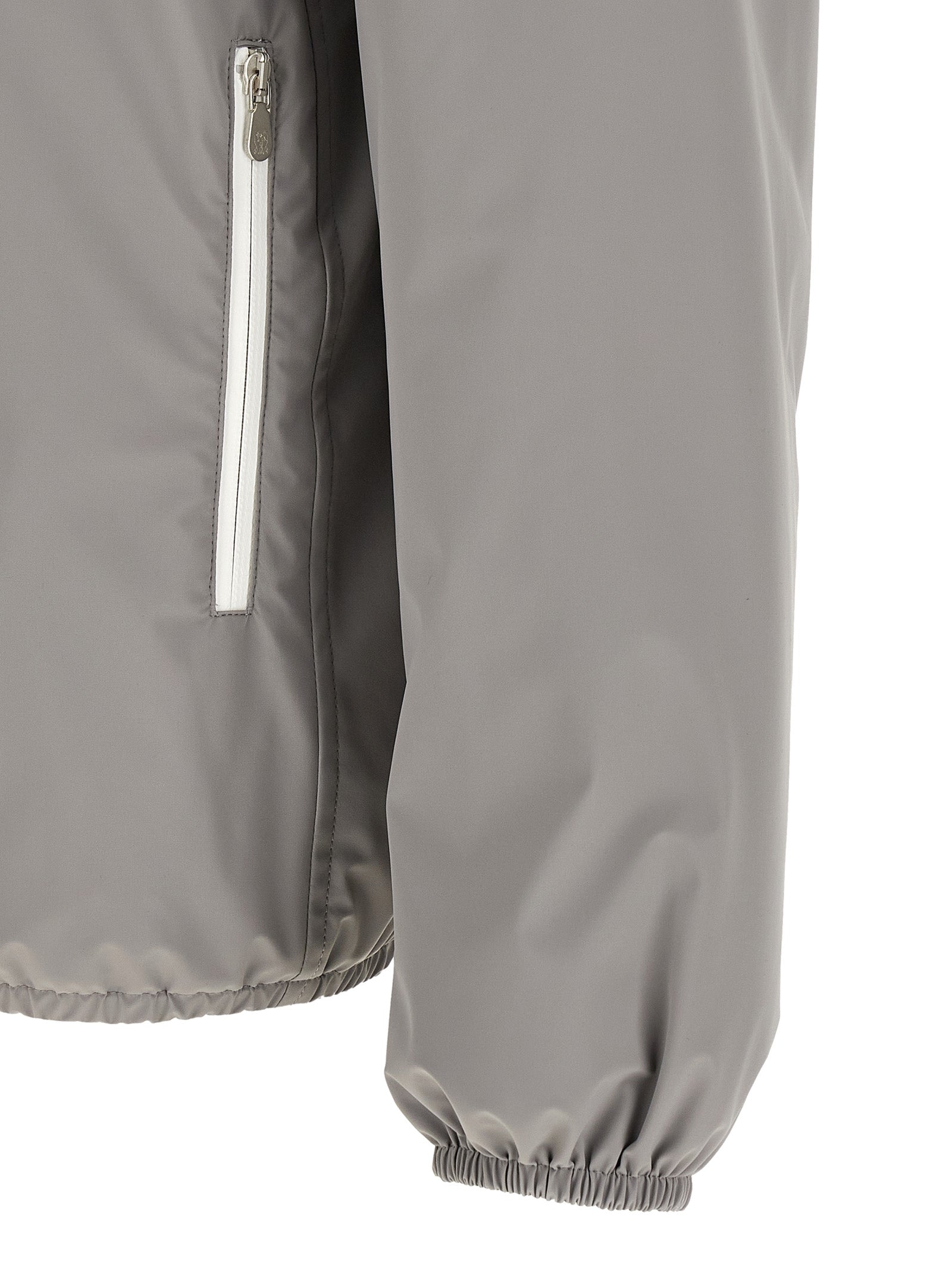 Hooded Windbreaker Jacket by Brunello Cucinelli for men in stretch nylon gray & white features an perennial silhouette with a refined hooded neckline and perennial pockets, hooded, insulated & windproof for a sophisticated weather-resistant look.