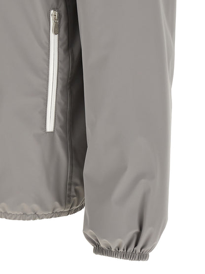 Hooded Windbreaker Jacket by Brunello Cucinelli for men in stretch nylon gray & white features an perennial silhouette with a refined hooded neckline and perennial pockets, hooded, insulated & windproof for a sophisticated weather-resistant look.