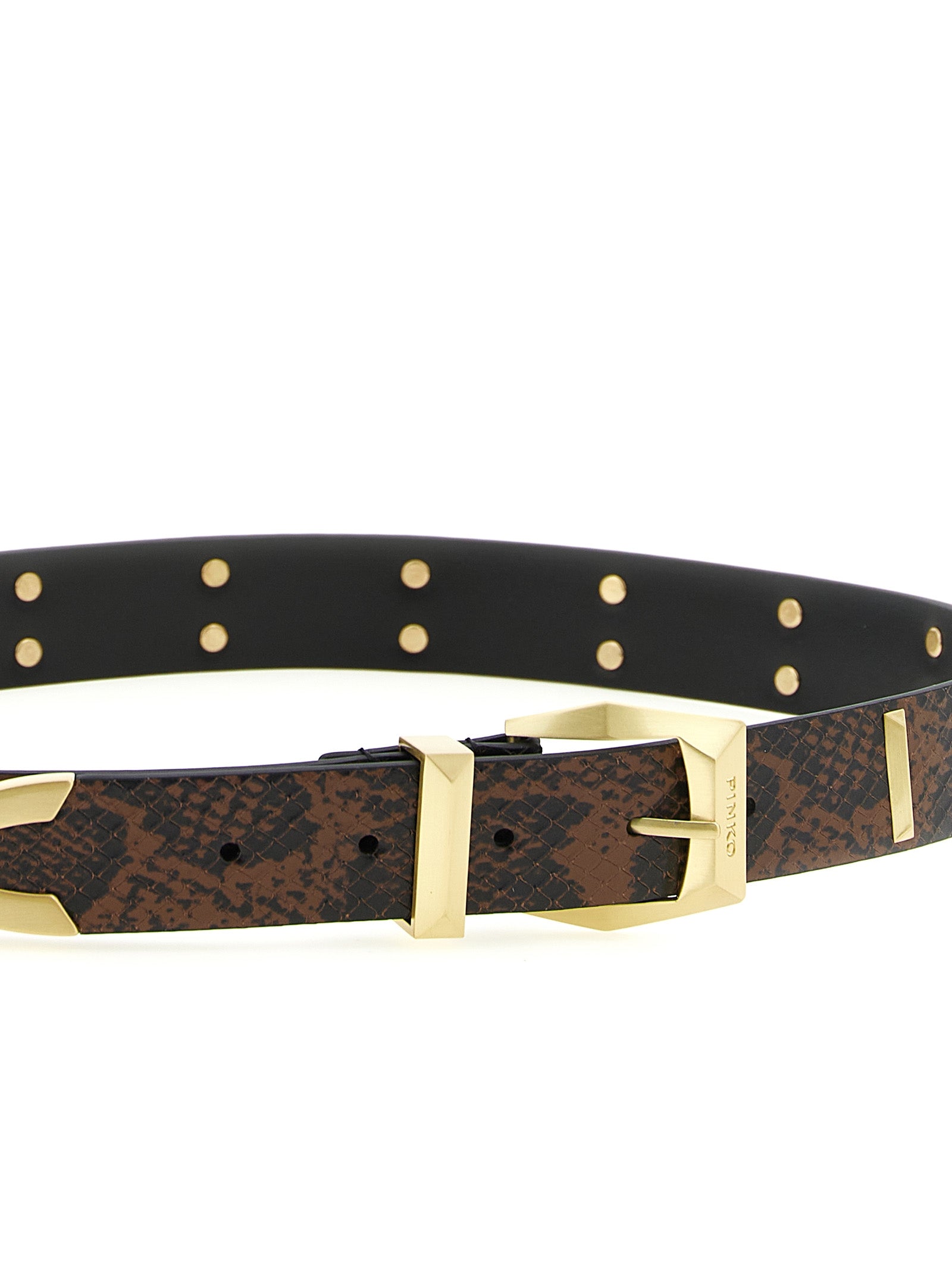 Belt by PINKO for women in bos taurus calfskin leather black, brown, gray, gold & print features a bohemian chic silhouette, showcasing the bohemian chic Bos Taurus Calfskin Leather Belt design with a sophisticated bohemian chic finish.