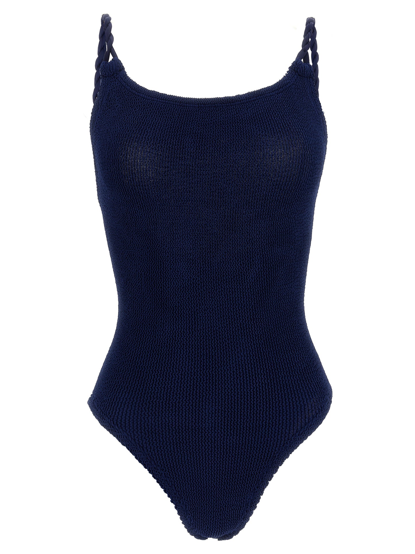 One-Piece Swimsuit by Hunza G for women in stretch polyamide navy & signature showcases a captivating silhouette, artfully capturing the essence of the captivating Women's Stretch Polyamide One-Piece Swimsuit design for a sophisticated look.