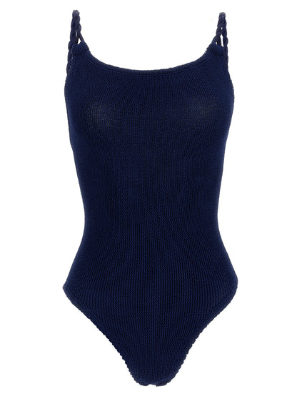 One-Piece Swimsuit by Hunza G for women in stretch polyamide navy & signature showcases a captivating silhouette, artfully capturing the essence of the captivating Women's Stretch Polyamide One-Piece Swimsuit design for a sophisticated look.