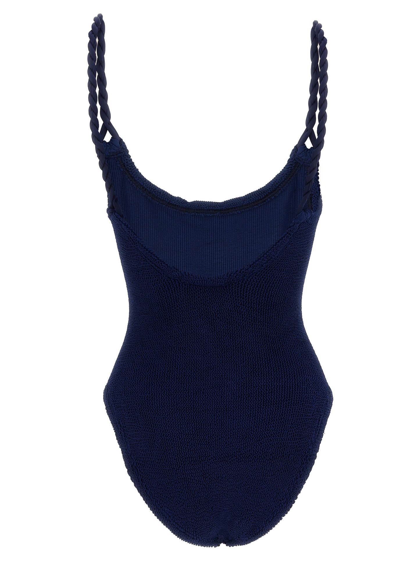 One-Piece Swimsuit by Hunza G for women in stretch polyamide navy & signature features a contemporary silhouette, showcasing the contemporary cut of this Women's Stretch Polyamide One-Piece Swimsuit for a sophisticated, contemporary beachwear aesthetic.