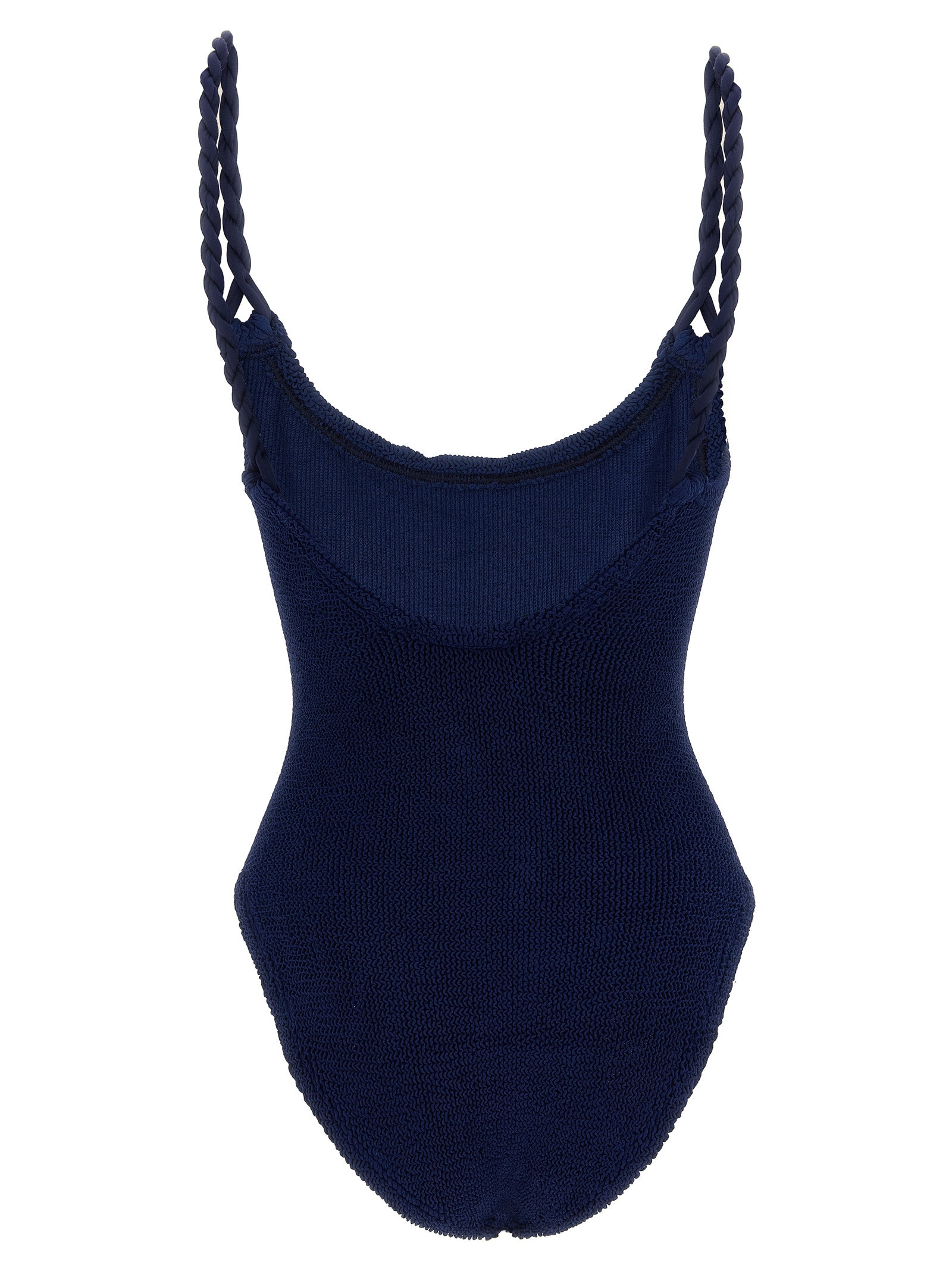 One-Piece Swimsuit by Hunza G for women in stretch polyamide navy & signature features a contemporary silhouette, showcasing the contemporary cut of this Women's Stretch Polyamide One-Piece Swimsuit for a sophisticated, contemporary beachwear aesthetic.