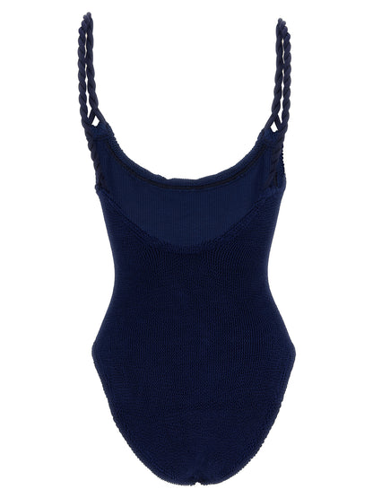 One-Piece Swimsuit by Hunza G for women in stretch polyamide navy & signature features a contemporary silhouette, showcasing the contemporary cut of this Women's Stretch Polyamide One-Piece Swimsuit for a sophisticated, contemporary beachwear aesthetic.