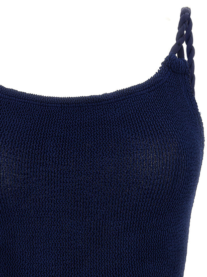 One-Piece Swimsuit by Hunza G for women in stretch polyamide navy & signature features a ethereal silhouette, artfully capturing the essence of Women's Stretch Polyamide One-Piece Swimsuit with its ethereal design and refined cut.