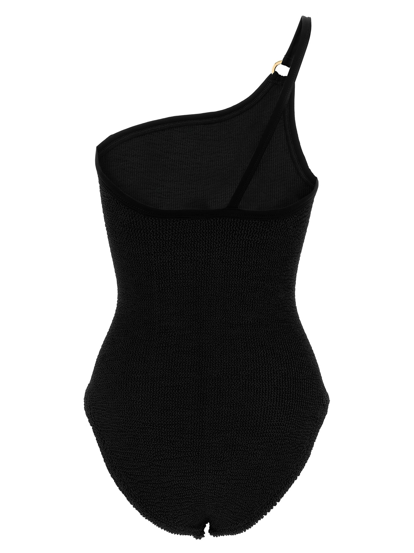 One-Piece Swimsuit by Hunza G for women in stretch polyamide black & gold features a contemporary silhouette, showcasing the contemporary cut of this Women's Stretch Polyamide One-Piece Swimsuit for a sophisticated, contemporary beachwear aesthetic.