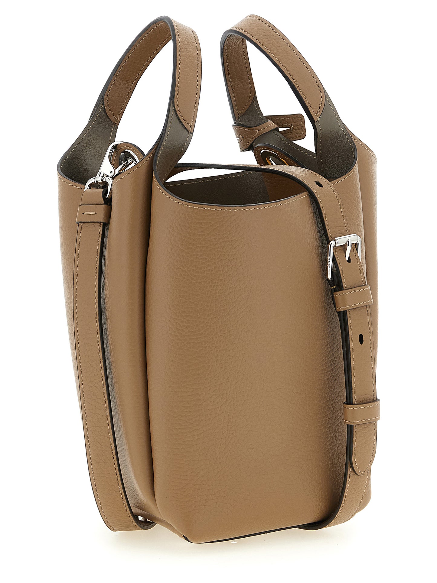 Mini Bucket Handbag by Tod's for women in calfskin leather brown & silver features an refined silhouette, showcasing a secure , ample , and versatile shoulder-strap, handle & adjustable-strap for a sophisticated refined aesthetic.