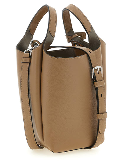 Mini Bucket Handbag by Tod's for women in calfskin leather brown & silver features an refined silhouette, showcasing a secure , ample , and versatile shoulder-strap, handle & adjustable-strap for a sophisticated refined aesthetic.