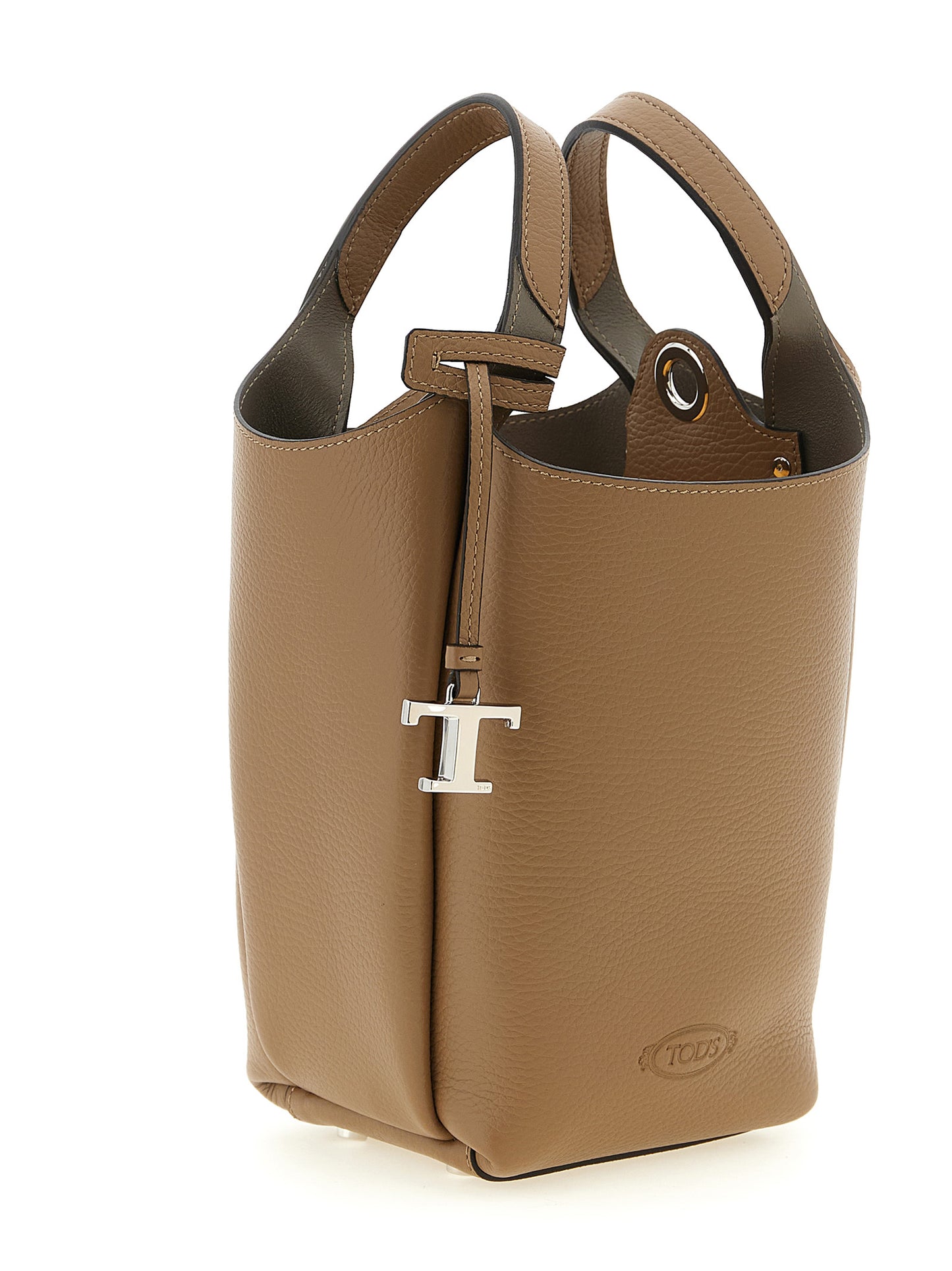 Mini Bucket Handbag by Tod's for women in calfskin leather brown & silver features a exquisite silhouette, showcasing a secure and exquisite with versatile shoulder-strap, handle & adjustable-strap for a exquisite finish.