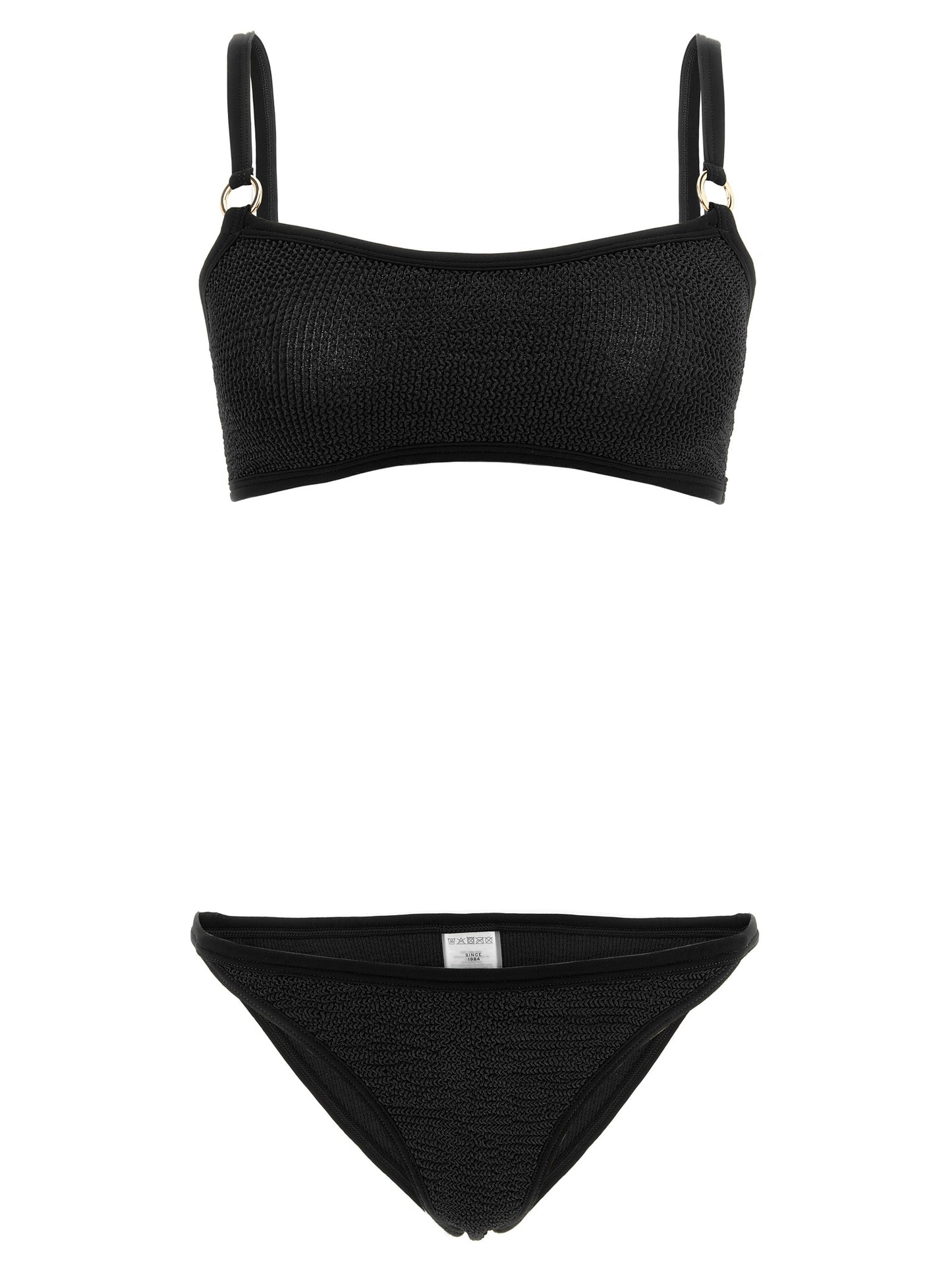 Bikini by Hunza G for women in stretch polyamide black & gold presents a provocative silhouette, artfully capturing the essence of the provocative Waves Women's Stretch Polyamide Bikini design for a sophisticated look.