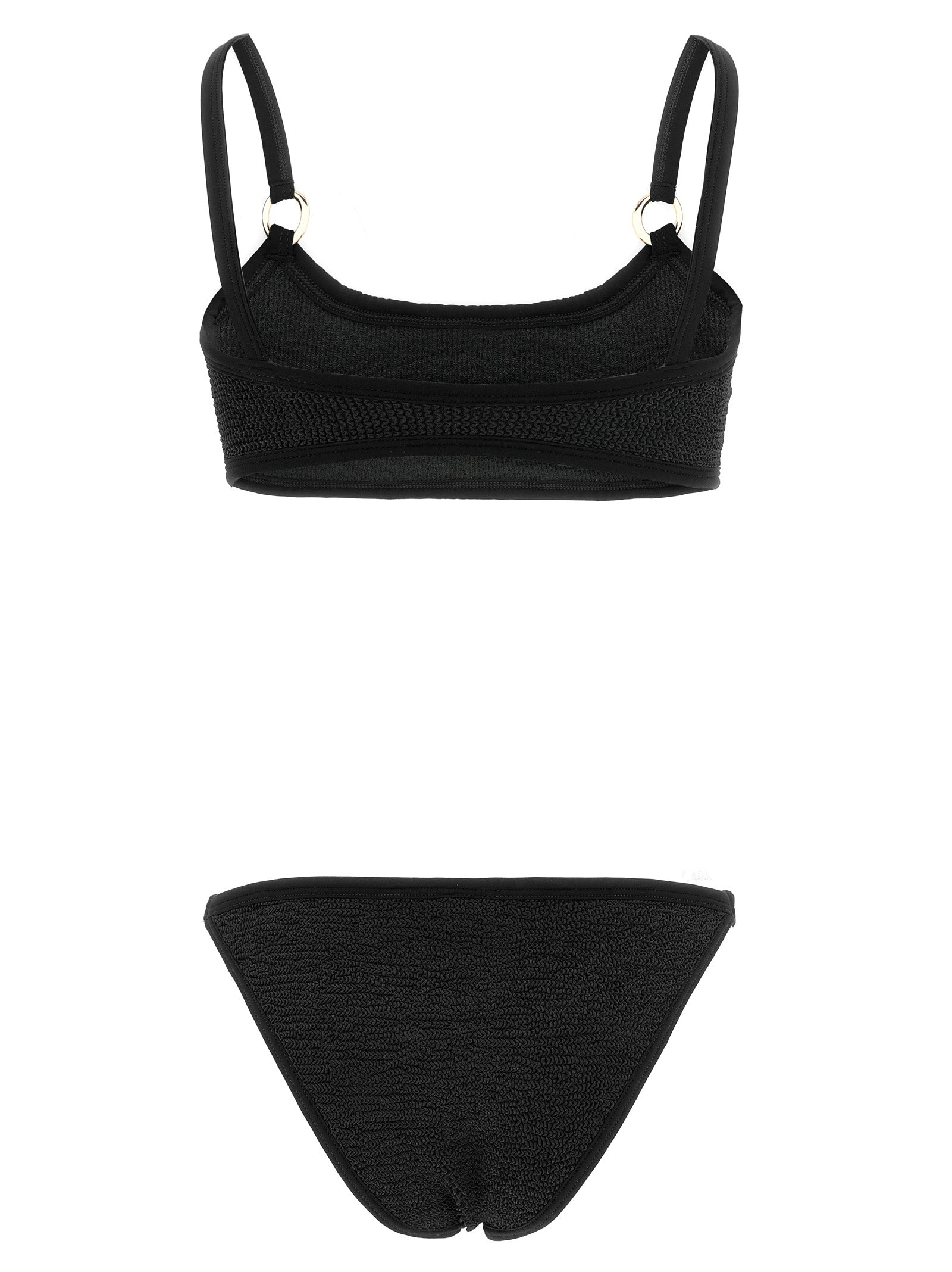 Bikini by Hunza G for women in stretch polyamide black & gold features an riviera chic silhouette that beautifully encapsulates the signature aesthetic of the Waves Women's Stretch Polyamide Bikini.