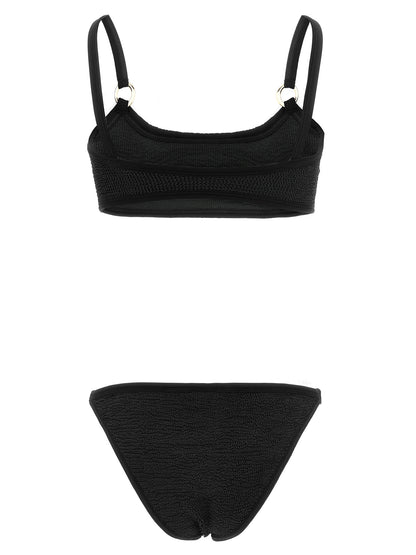 Bikini by Hunza G for women in stretch polyamide black & gold features an riviera chic silhouette that beautifully encapsulates the signature aesthetic of the Waves Women's Stretch Polyamide Bikini.
