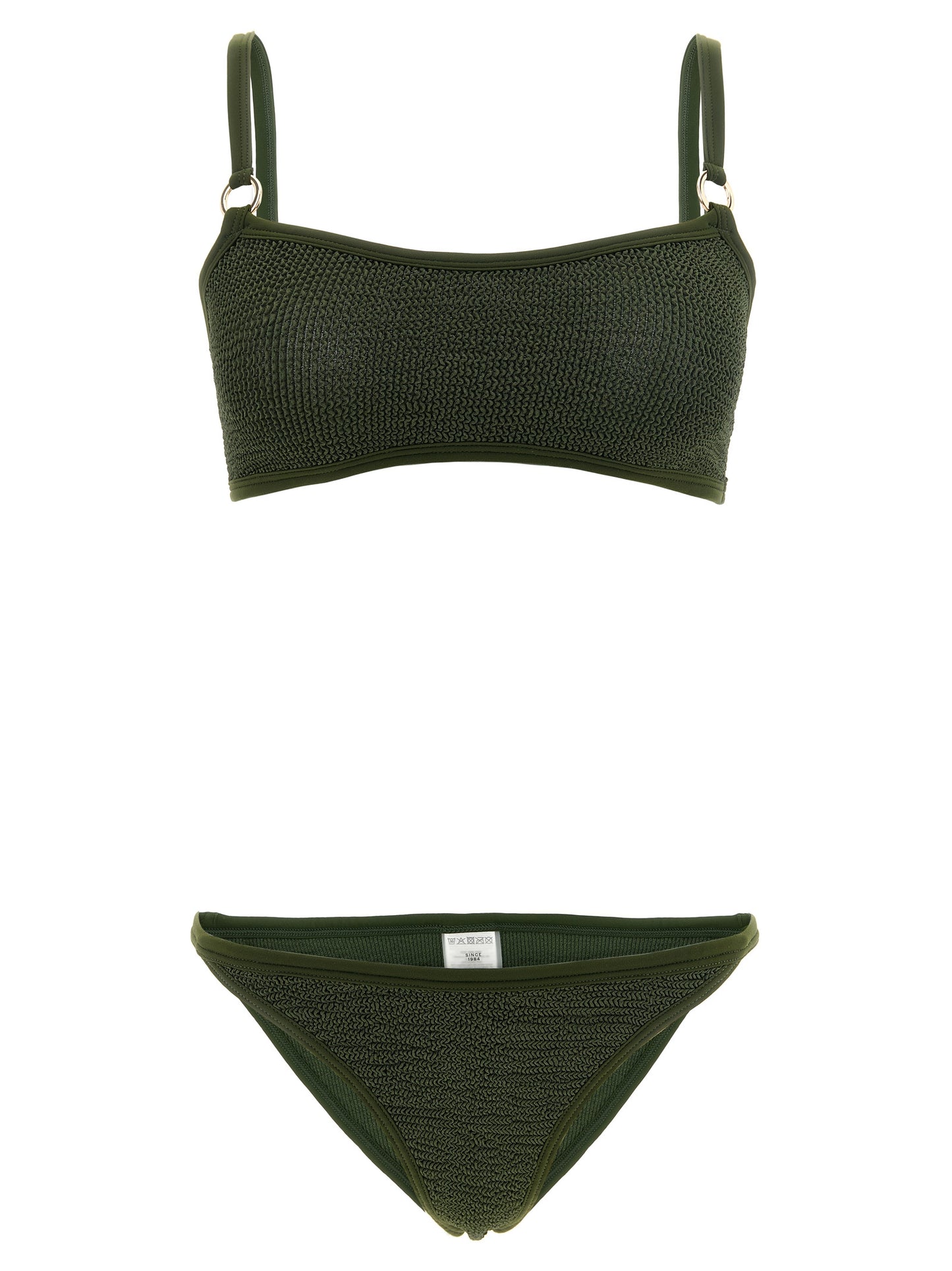 Bikini by Hunza G for women in stretch polyamide bicolour, gold, green & olive features an dramatic silhouette, artfully capturing the essence of the dramatic Women's Stretch Polyamide Bikini design with a sophisticated dramatic cut.