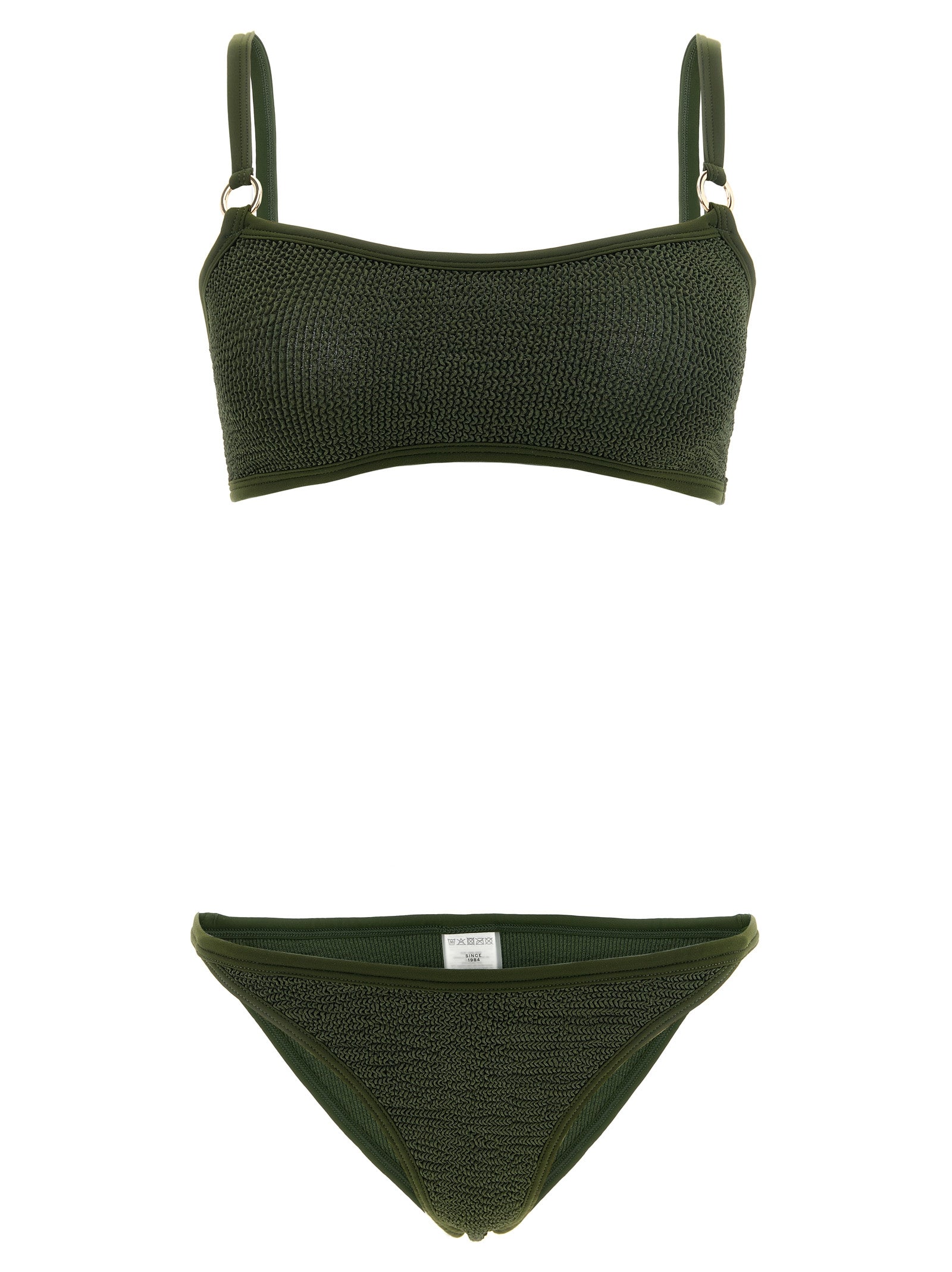 Bikini by Hunza G for women in stretch polyamide bicolour, gold, green & olive features an dramatic silhouette, artfully capturing the essence of the dramatic Women's Stretch Polyamide Bikini design with a sophisticated dramatic cut.