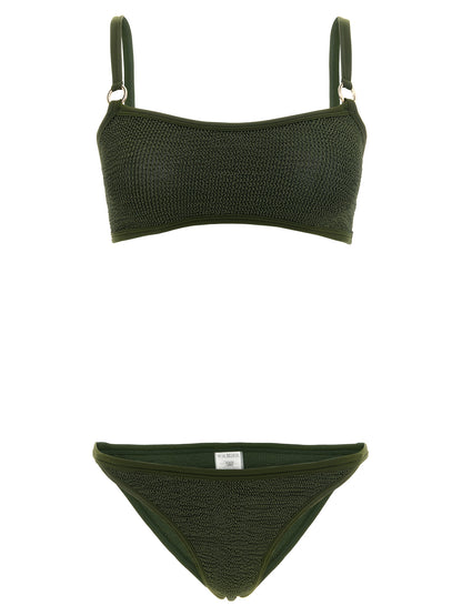 Bikini by Hunza G for women in stretch polyamide bicolour, gold, green & olive features an dramatic silhouette, artfully capturing the essence of the dramatic Women's Stretch Polyamide Bikini design with a sophisticated dramatic cut.