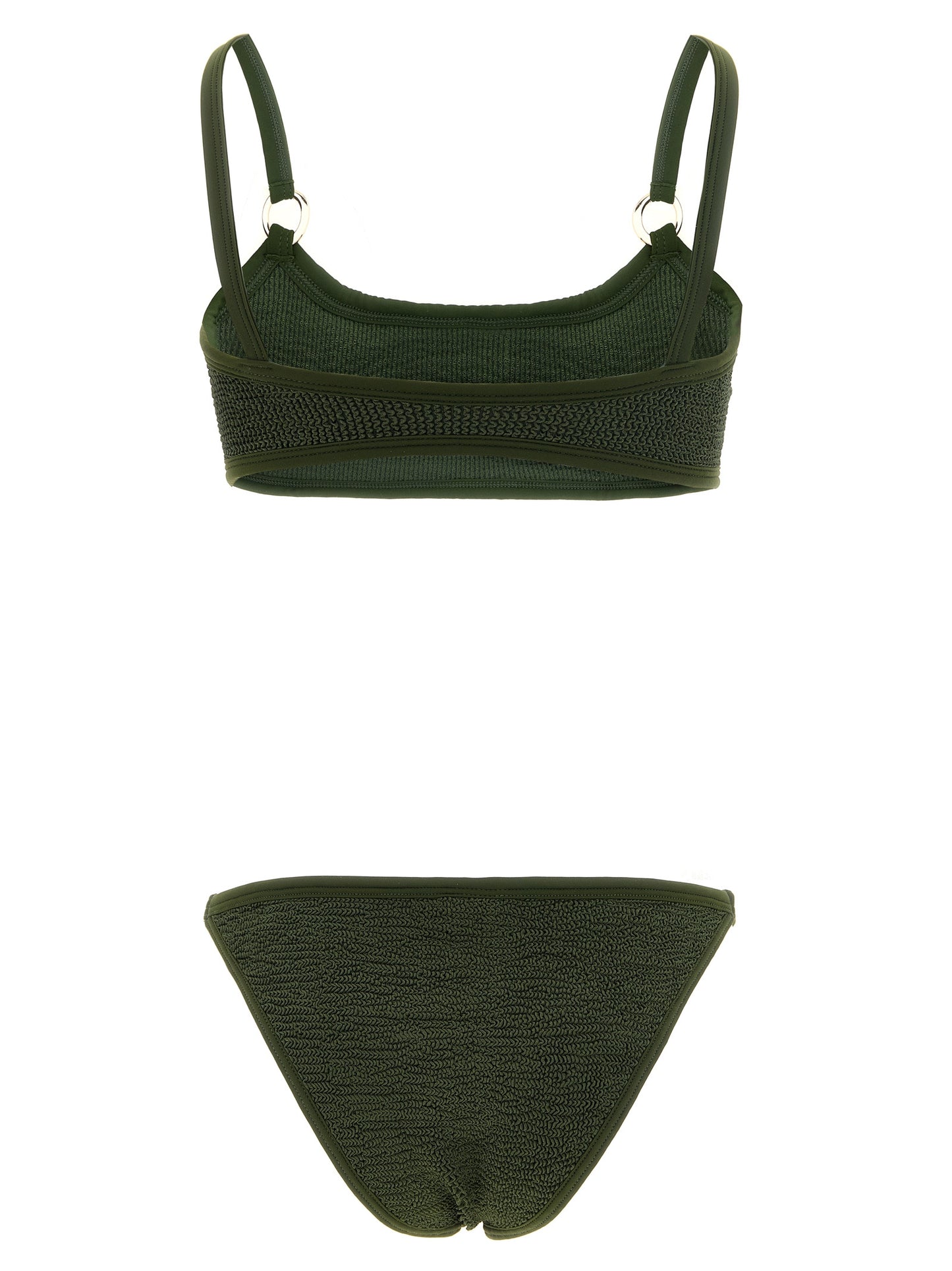This Bikini by Hunza G for women in stretch polyamide bicolour, gold, green & olive features a beach chic silhouette from the Women's Stretch Polyamide Bikini collection, showcasing a beach chic cut for a refined poolside look.