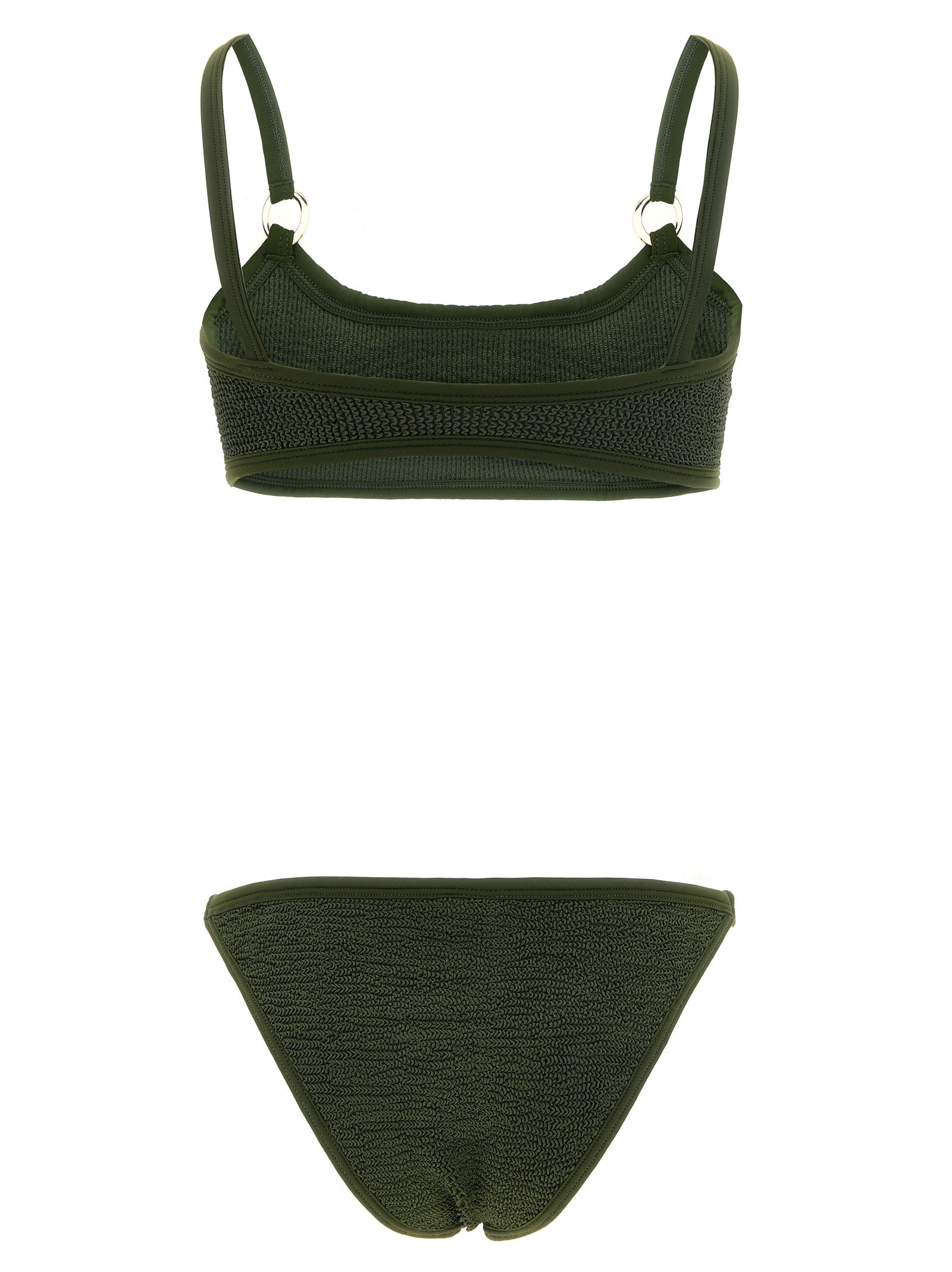 This Bikini by Hunza G for women in stretch polyamide bicolour, gold, green & olive features a beach chic silhouette from the Women's Stretch Polyamide Bikini collection, showcasing a beach chic cut for a refined poolside look.