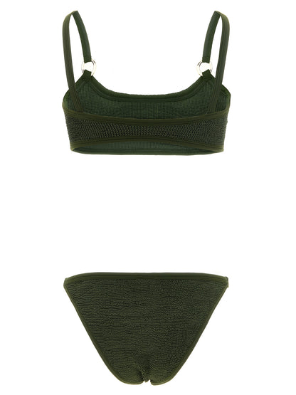 This Bikini by Hunza G for women in stretch polyamide bicolour, gold, green & olive features a beach chic silhouette from the Women's Stretch Polyamide Bikini collection, showcasing a beach chic cut for a refined poolside look.