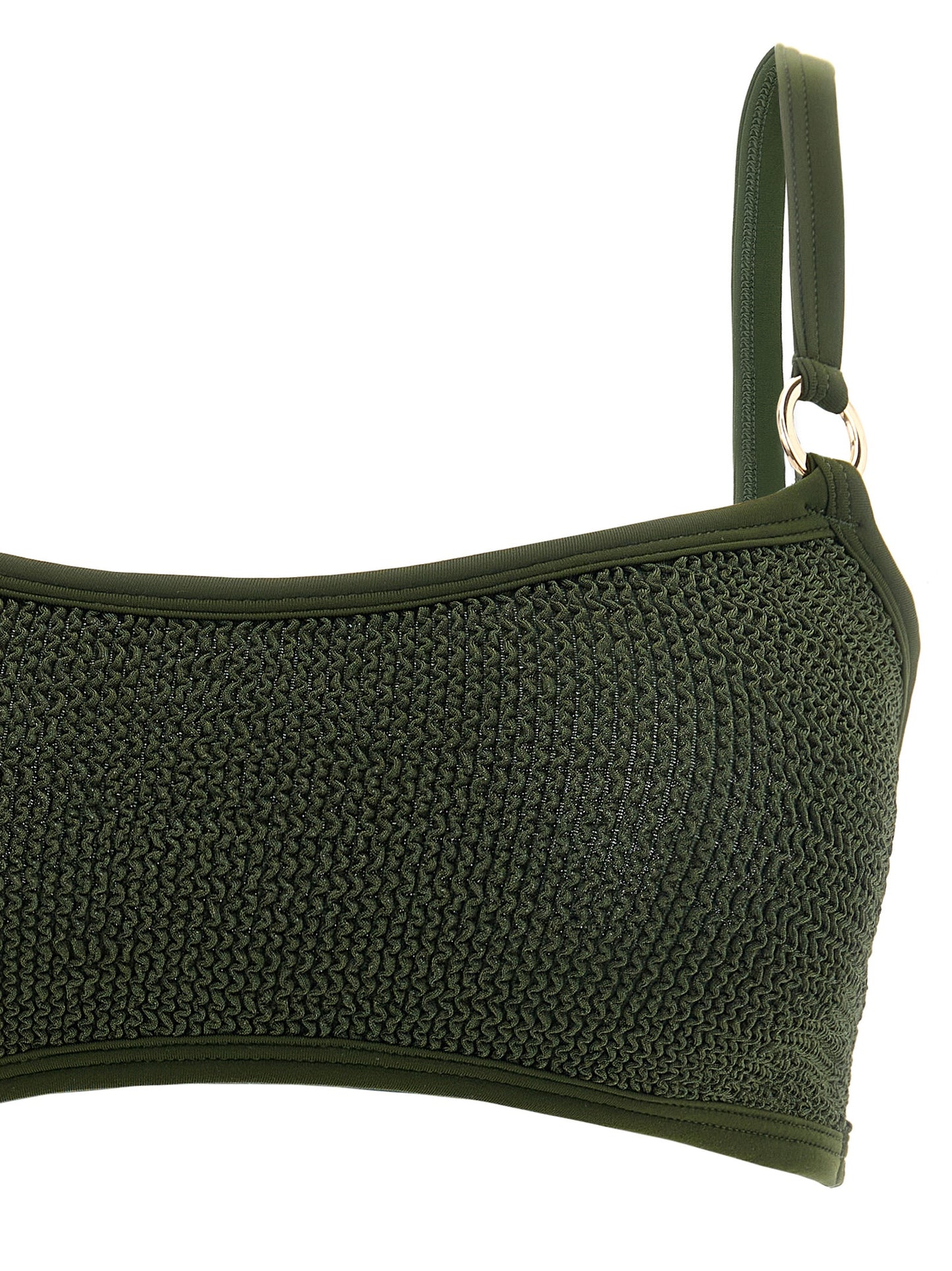Bikini by Hunza G for women in stretch polyamide bicolour, gold, green & olive features an riviera chic silhouette that beautifully encapsulates the signature aesthetic of the Women's Stretch Polyamide Bikini.