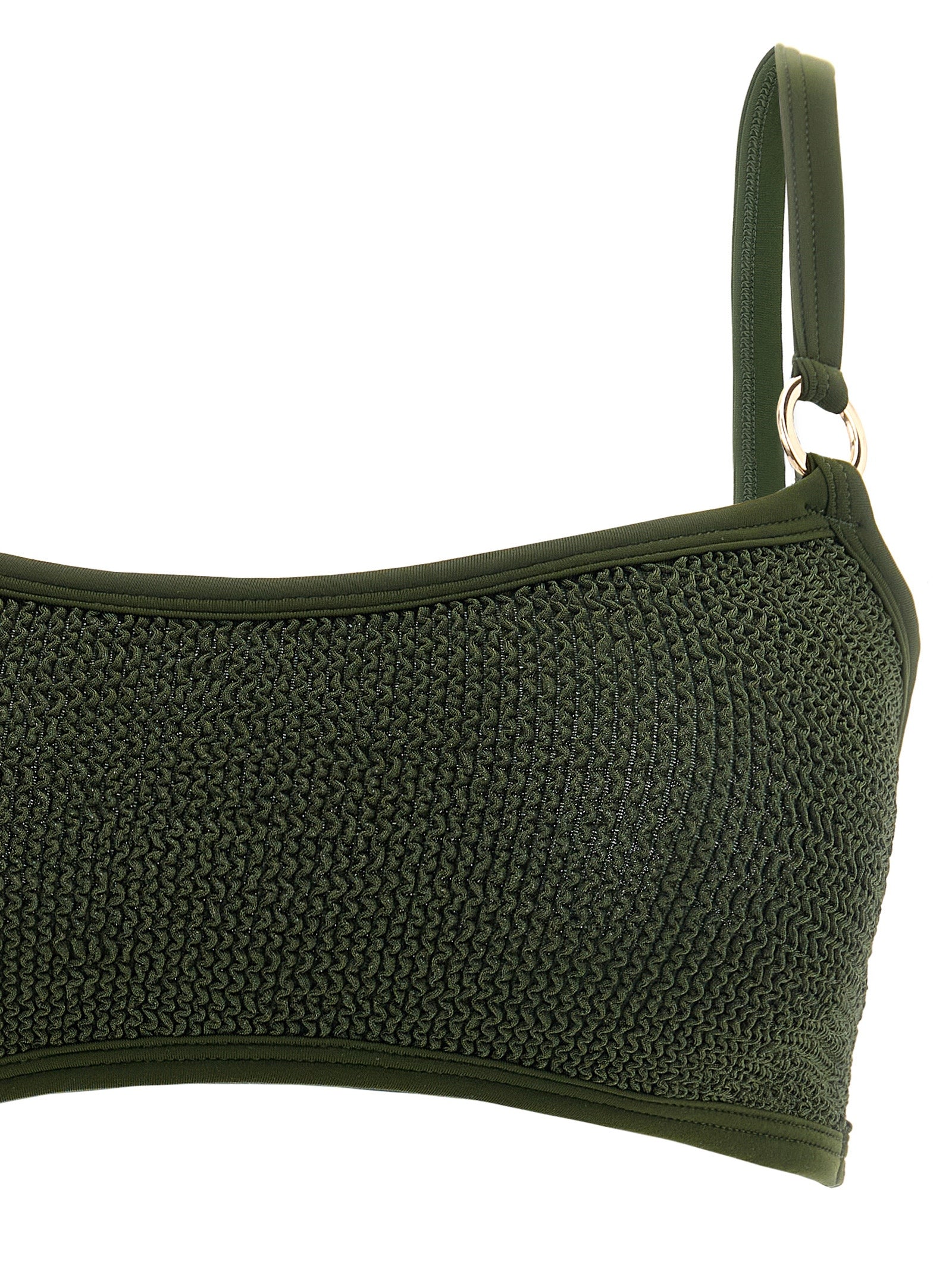Bikini by Hunza G for women in stretch polyamide bicolour, gold, green & olive features an riviera chic silhouette that beautifully encapsulates the signature aesthetic of the Women's Stretch Polyamide Bikini.