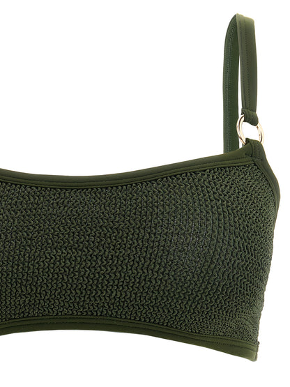 Bikini by Hunza G for women in stretch polyamide bicolour, gold, green & olive features an riviera chic silhouette that beautifully encapsulates the signature aesthetic of the Women's Stretch Polyamide Bikini.