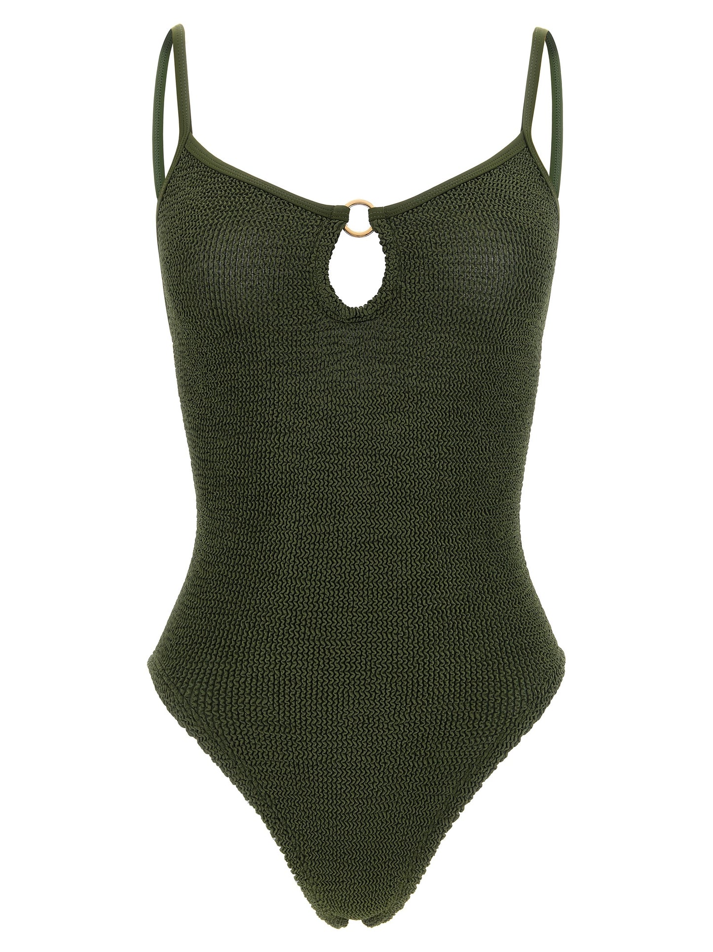 One-Piece Swimsuit by Hunza G for women in stretch polyamide bicolour, gold, green, olive & signature features an jaw dropping silhouette, showcasing the jaw dropping Women's Stretch Polyamide One-Piece Swimsuit design with a sophisticated cut for a jaw dropping finish.