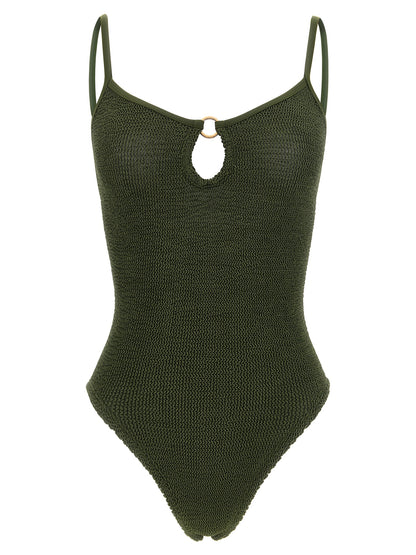One-Piece Swimsuit by Hunza G for women in stretch polyamide bicolour, gold, green, olive & signature features an jaw dropping silhouette, showcasing the jaw dropping Women's Stretch Polyamide One-Piece Swimsuit design with a sophisticated cut for a jaw dropping finish.