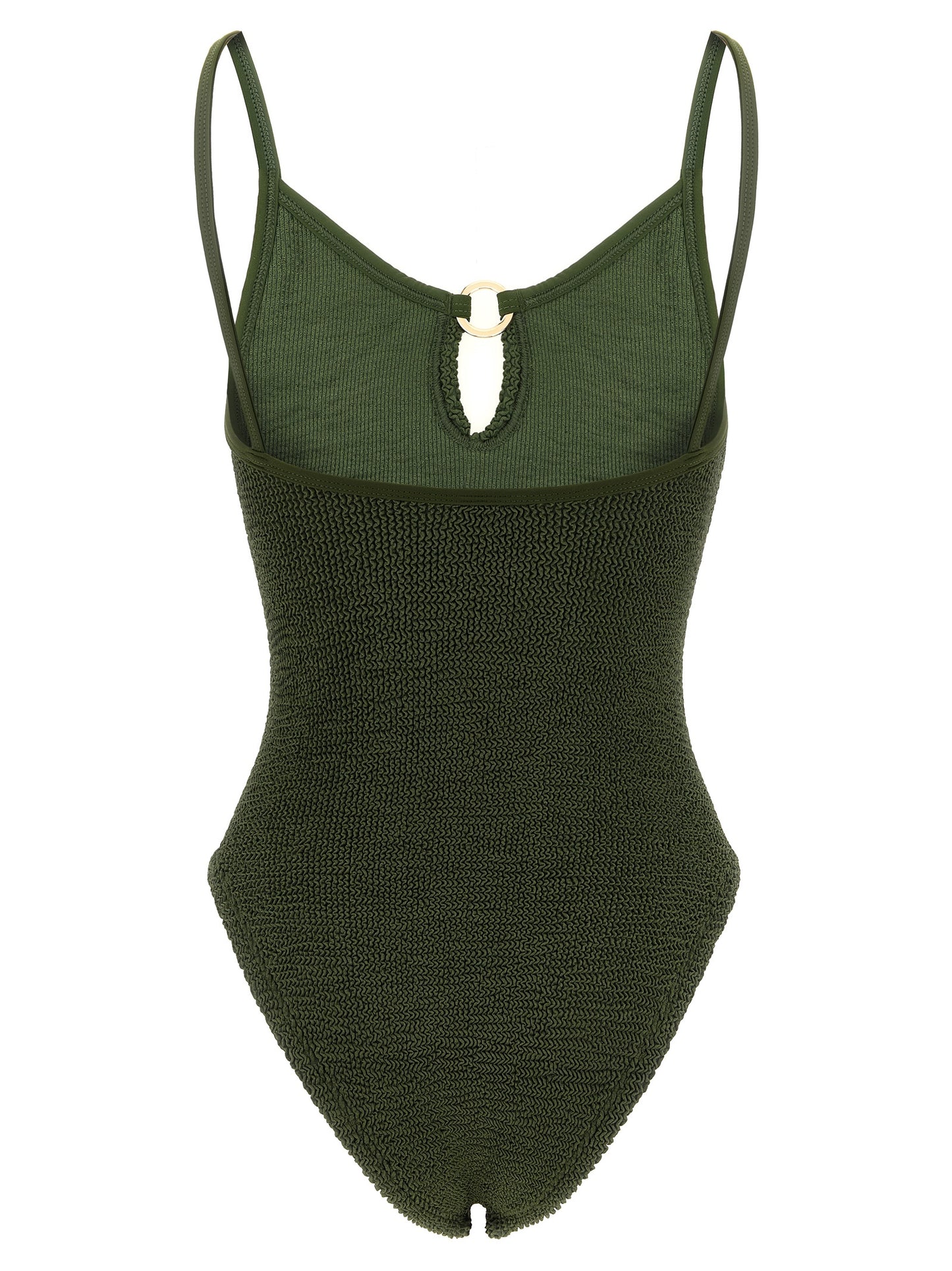 One-Piece Swimsuit by Hunza G for women in stretch polyamide bicolour, gold, green, olive & signature features a contemporary silhouette, showcasing the contemporary cut of this Women's Stretch Polyamide One-Piece Swimsuit for a sophisticated, contemporary beachwear aesthetic.