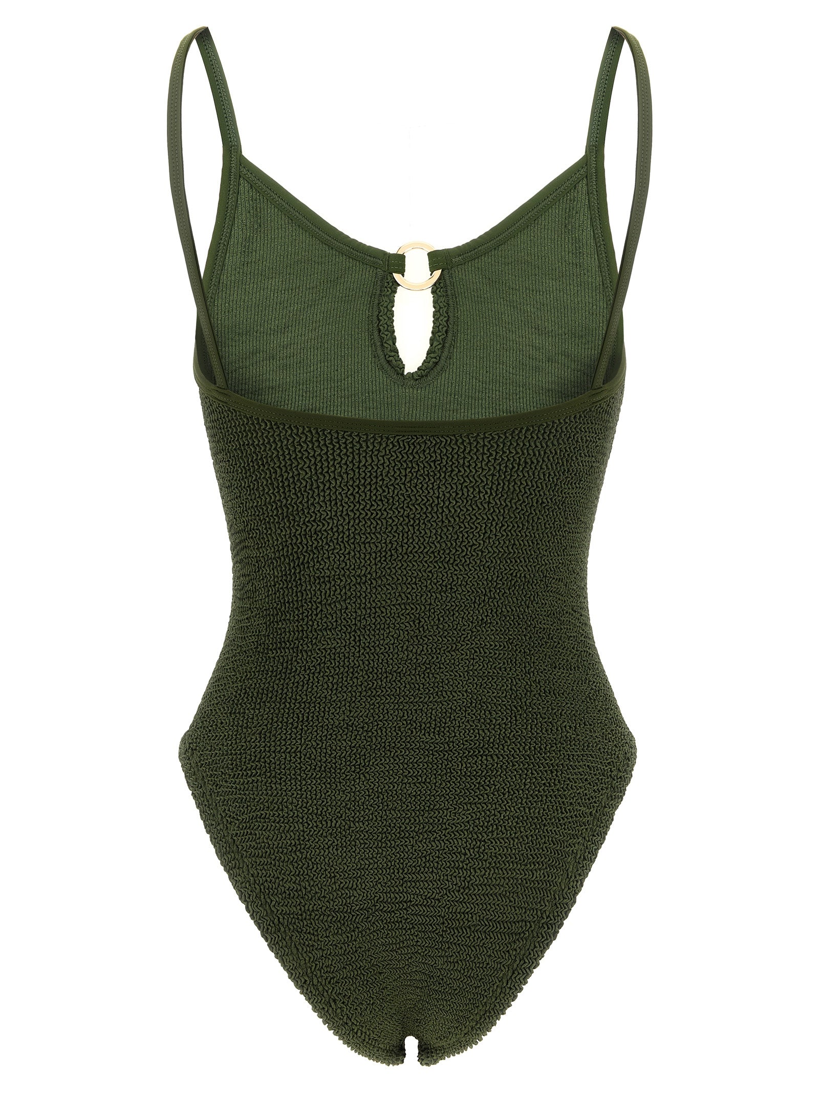 One-Piece Swimsuit by Hunza G for women in stretch polyamide bicolour, gold, green, olive & signature features a contemporary silhouette, showcasing the contemporary cut of this Women's Stretch Polyamide One-Piece Swimsuit for a sophisticated, contemporary beachwear aesthetic.