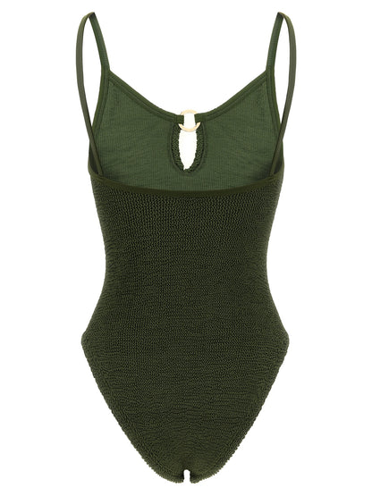 One-Piece Swimsuit by Hunza G for women in stretch polyamide bicolour, gold, green, olive & signature features a contemporary silhouette, showcasing the contemporary cut of this Women's Stretch Polyamide One-Piece Swimsuit for a sophisticated, contemporary beachwear aesthetic.