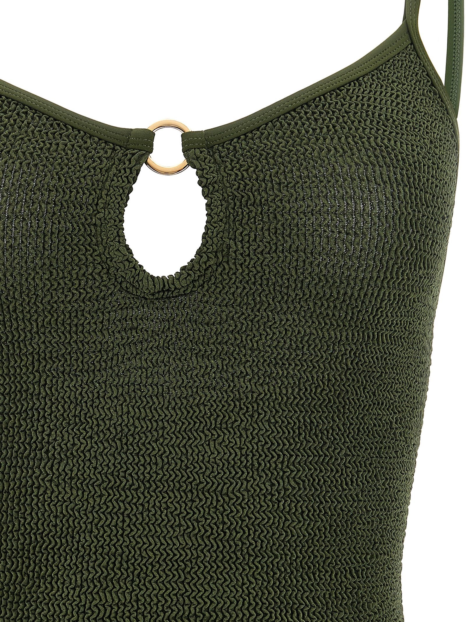 One-Piece Swimsuit by Hunza G for women in stretch polyamide bicolour, gold, green, olive & signature showcases a captivating silhouette, artfully capturing the essence of the captivating Women's Stretch Polyamide One-Piece Swimsuit design for a sophisticated look.