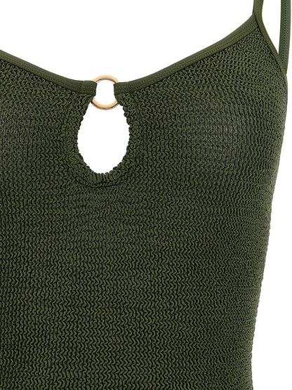 One-Piece Swimsuit by Hunza G for women in stretch polyamide bicolour, gold, green, olive & signature showcases a captivating silhouette, artfully capturing the essence of the captivating Women's Stretch Polyamide One-Piece Swimsuit design for a sophisticated look.