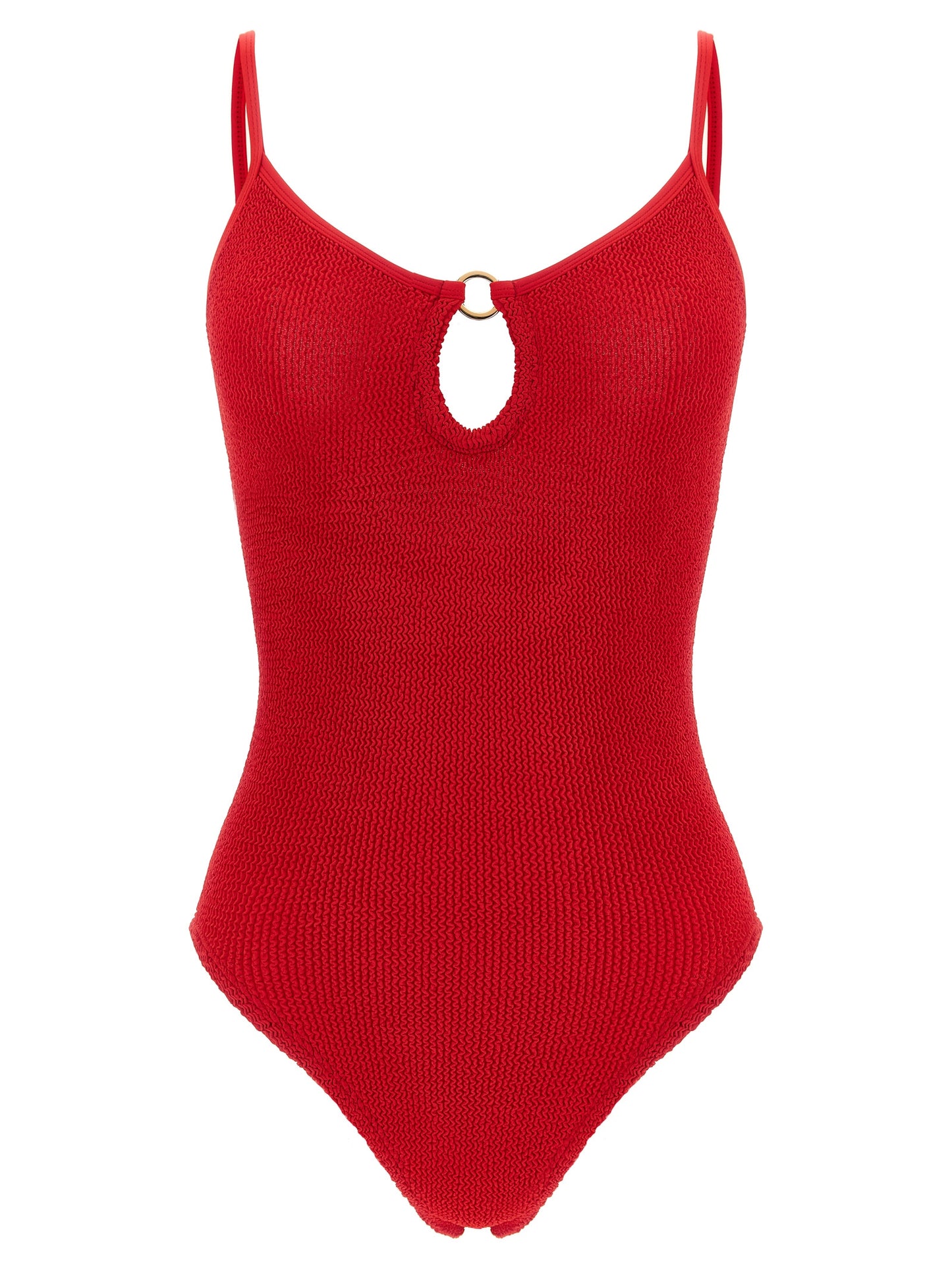 One-Piece Swimsuit by Hunza G for women in stretch polyamide gold, multicolor & red features an jaw dropping silhouette, showcasing the jaw dropping Waves Women's Stretch Polyamide One-Piece Swimsuit design with a sophisticated cut for a jaw dropping finish.