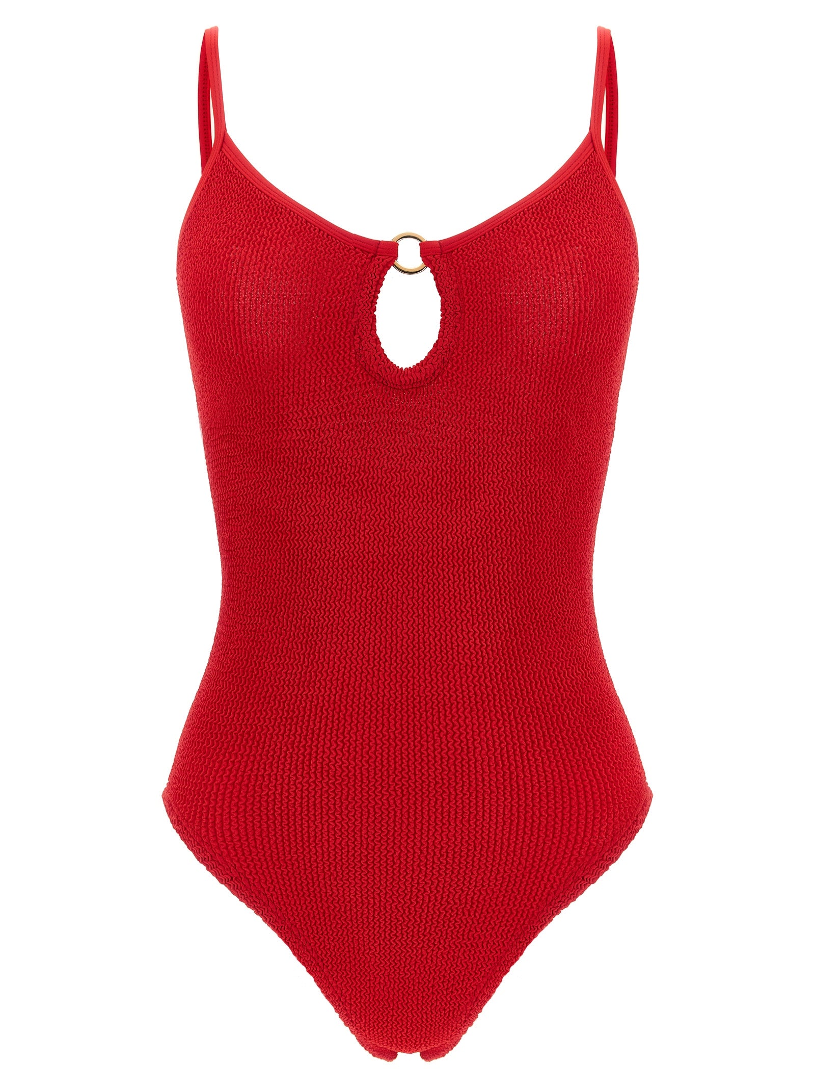 One-Piece Swimsuit by Hunza G for women in stretch polyamide gold, multicolor & red features an jaw dropping silhouette, showcasing the jaw dropping Waves Women's Stretch Polyamide One-Piece Swimsuit design with a sophisticated cut for a jaw dropping finish.