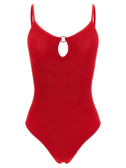 One-Piece Swimsuit by Hunza G for women in stretch polyamide gold, multicolor & red features an jaw dropping silhouette, showcasing the jaw dropping Waves Women's Stretch Polyamide One-Piece Swimsuit design with a sophisticated cut for a jaw dropping finish.