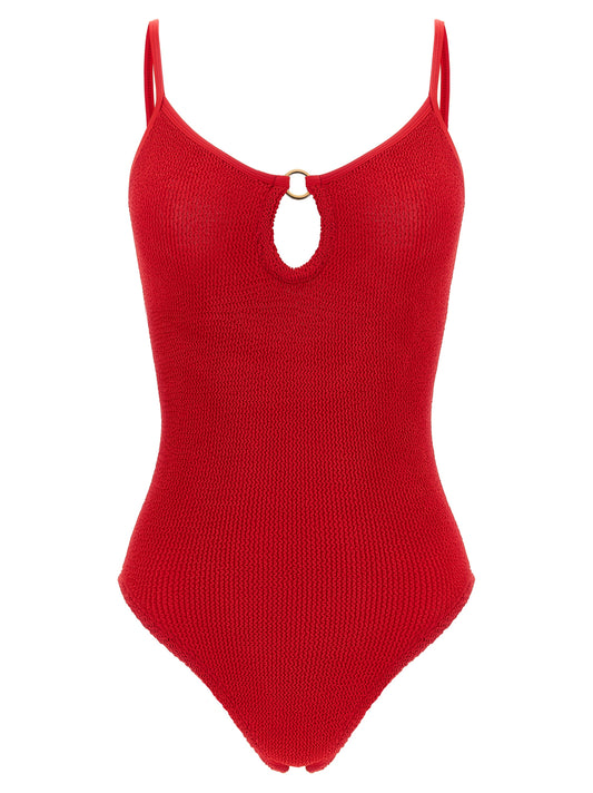 One-Piece Swimsuit by Hunza G for women in stretch polyamide gold, multicolor & red features an jaw dropping silhouette, showcasing the jaw dropping Waves Women's Stretch Polyamide One-Piece Swimsuit design with a sophisticated cut for a jaw dropping finish.