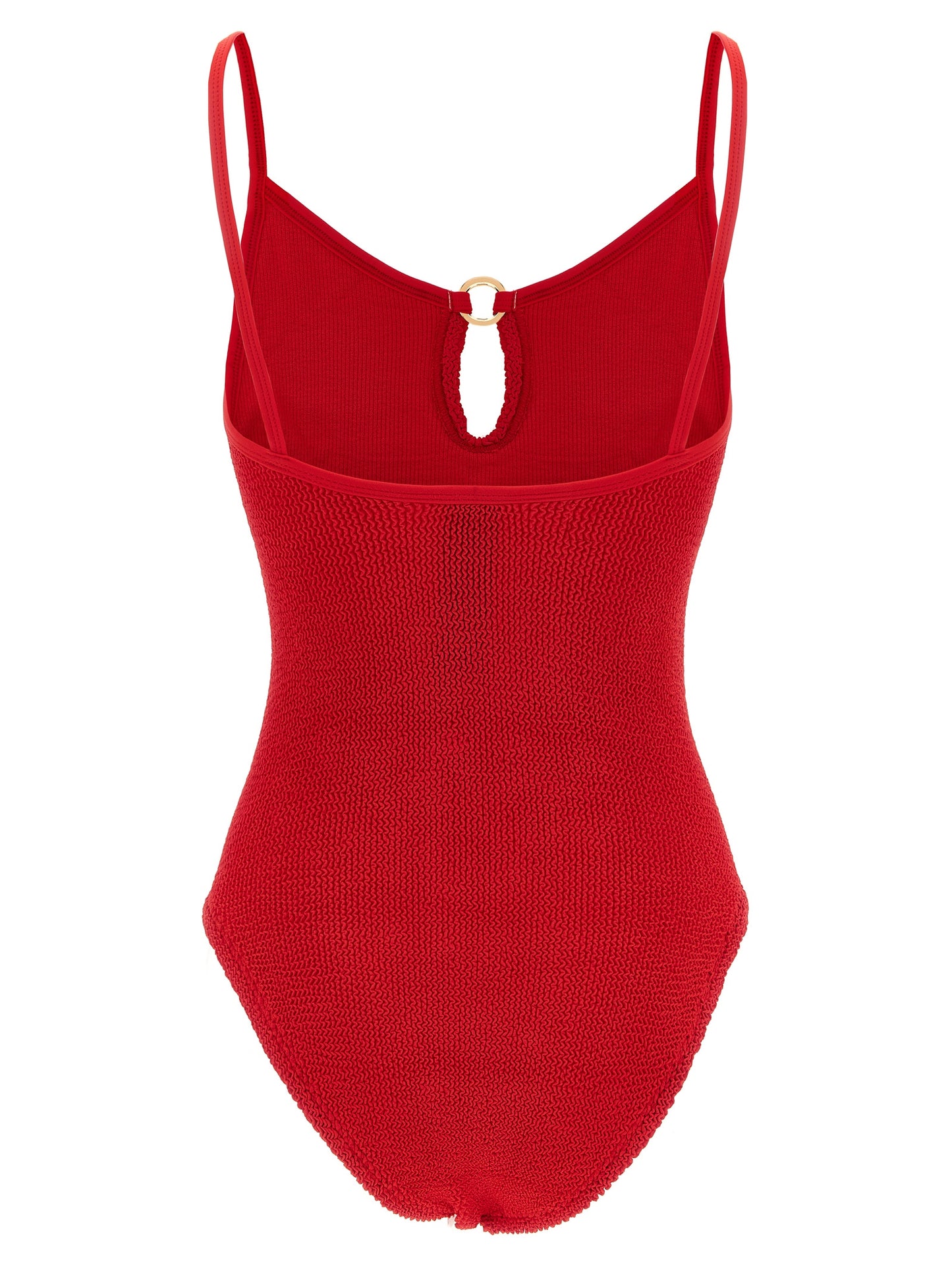 One-Piece Swimsuit by Hunza G for women in stretch polyamide gold, multicolor & red showcases a captivating silhouette, artfully capturing the essence of the captivating Waves Women's Stretch Polyamide One-Piece Swimsuit design for a sophisticated look.