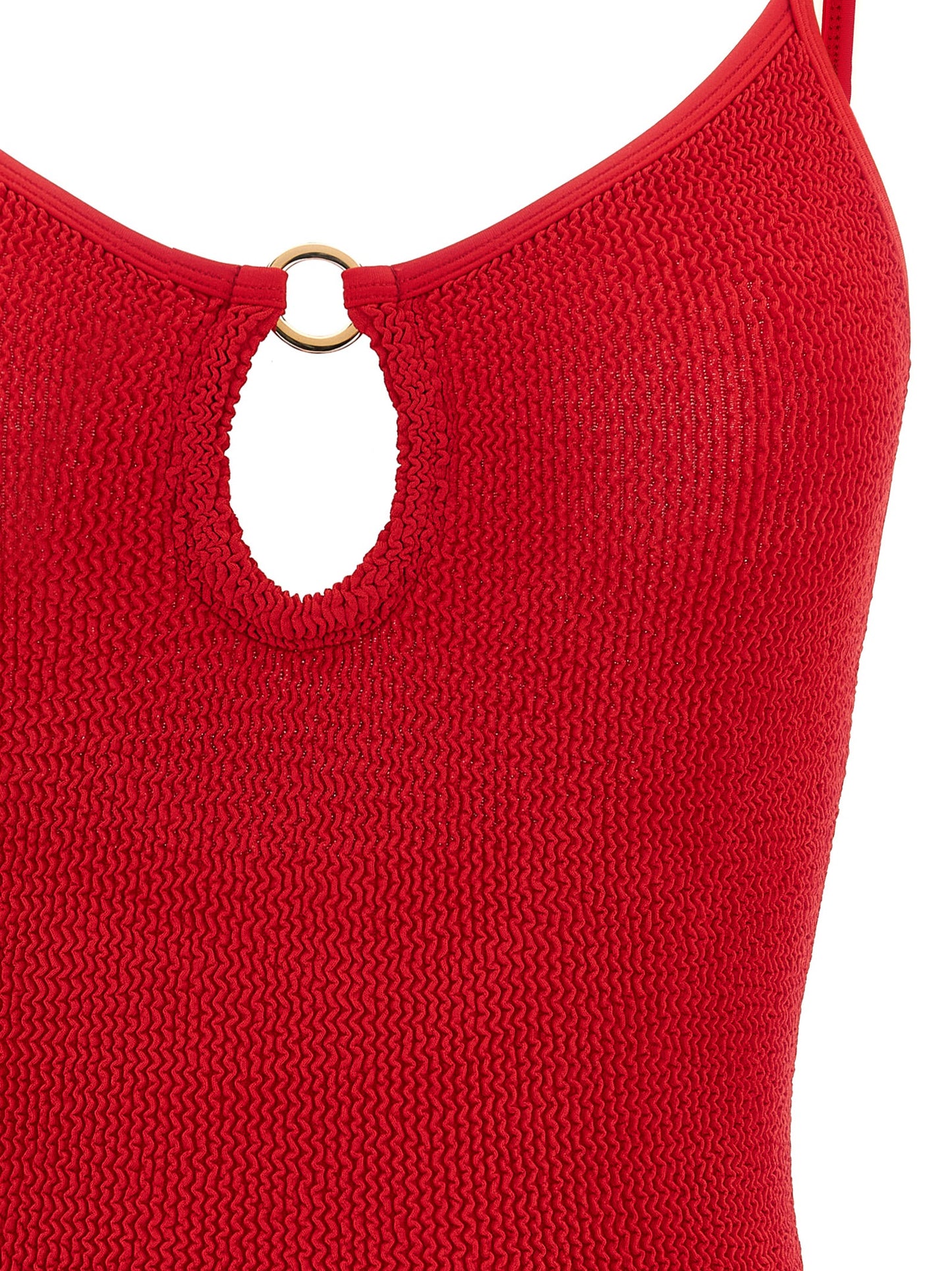 One-Piece Swimsuit by Hunza G for women in stretch polyamide gold, multicolor & red features a contemporary silhouette, showcasing the contemporary cut of this Waves Women's Stretch Polyamide One-Piece Swimsuit for a sophisticated, contemporary beachwear aesthetic.