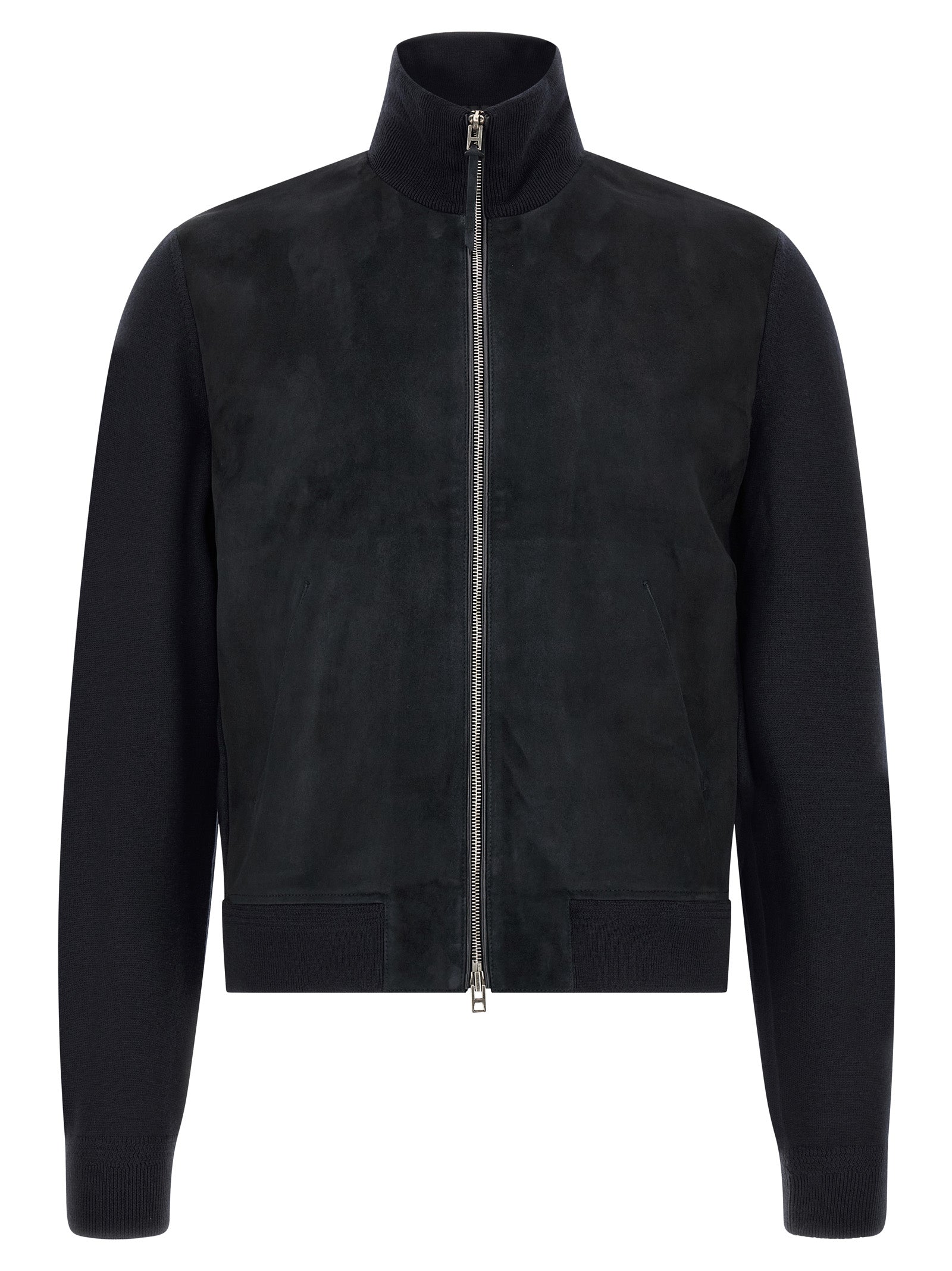 Cardigan by Tom Ford for men in merino wool & suede leather dark-blue features an impeccable silhouette, showcasing a sophisticated and detail for a truly impeccable finish.