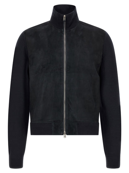 Cardigan by Tom Ford for men in merino wool & suede leather dark-blue features an impeccable silhouette, showcasing a sophisticated and detail for a truly impeccable finish.