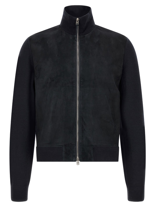 Cardigan by Tom Ford for men in merino wool & suede leather dark-blue features an impeccable silhouette, showcasing a sophisticated and detail for a truly impeccable finish.