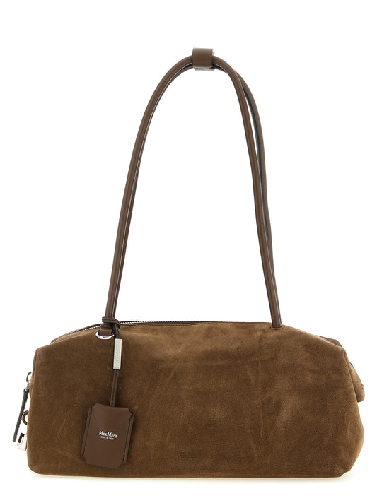 Shoulder Boston Bag by Max Mara for women in calfskin leather brown presents a statuesque silhouette, showcasing a secure zipper and statuesque with versatile shoulder-strap & handle for a sophisticated look.