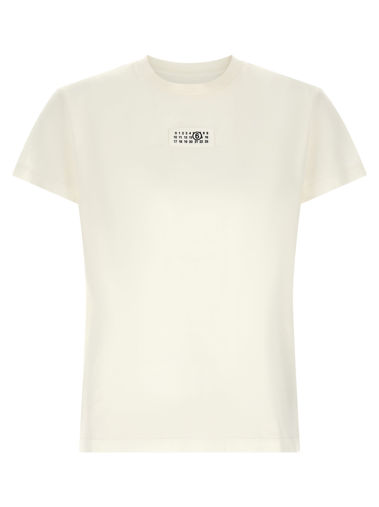 T-Shirt by MM6 Maison Margiela for women in cotton white & signature showcases a unassuming silhouette, artfully detailed with a refined crew neckline and unassuming for a sophisticated, contemporary look.