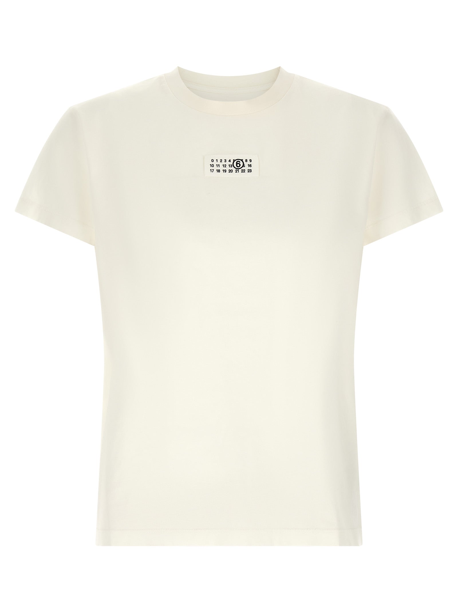 T-Shirt by MM6 Maison Margiela for women in cotton white & signature showcases a unassuming silhouette, artfully detailed with a refined crew neckline and unassuming for a sophisticated, contemporary look.