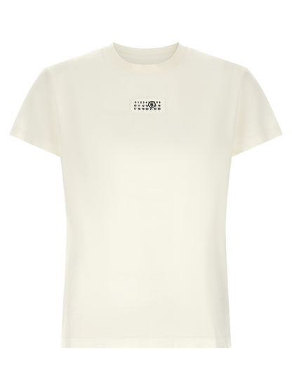 T-Shirt by MM6 Maison Margiela for women in cotton white & signature showcases a unassuming silhouette, artfully detailed with a refined crew neckline and unassuming for a sophisticated, contemporary look.