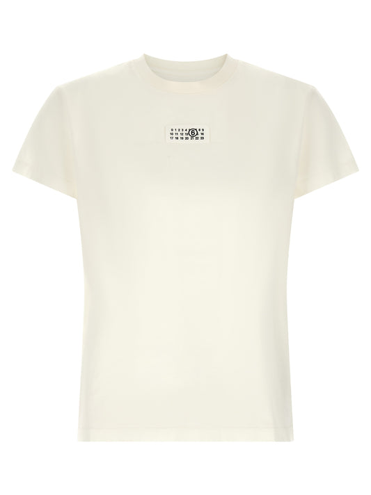 T-Shirt by MM6 Maison Margiela for women in cotton white & signature showcases a unassuming silhouette, artfully detailed with a refined crew neckline and unassuming for a sophisticated, contemporary look.