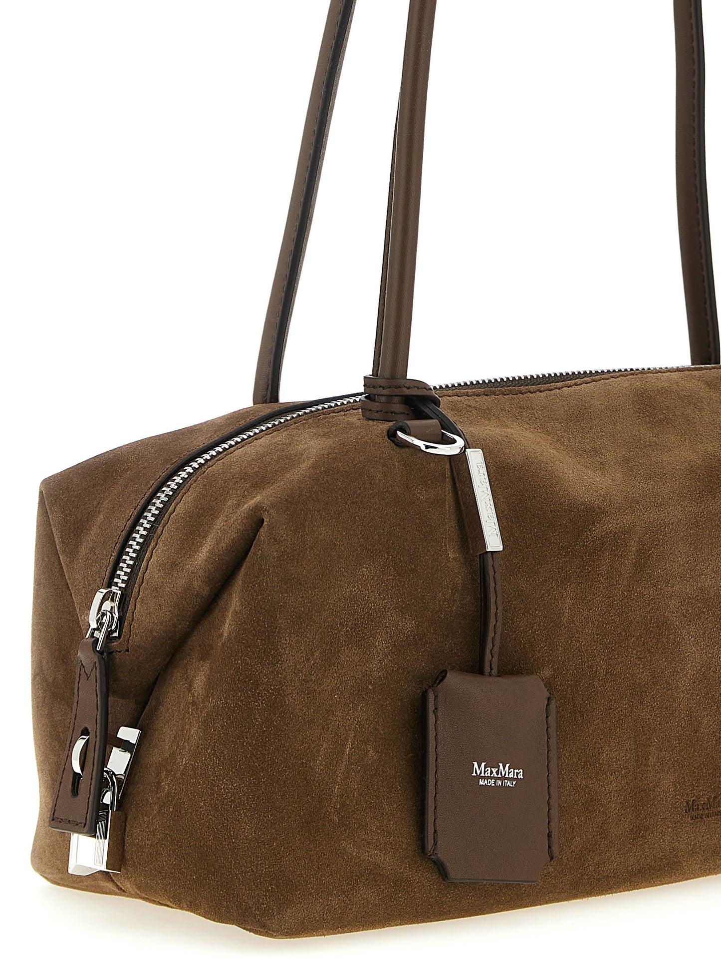 Shoulder Boston Bag by Max Mara for women in calfskin leather brown showcases a statuesque silhouette, artfully detailed with a secure zipper, organized , and versatile shoulder-strap & handle for a statuesque look.