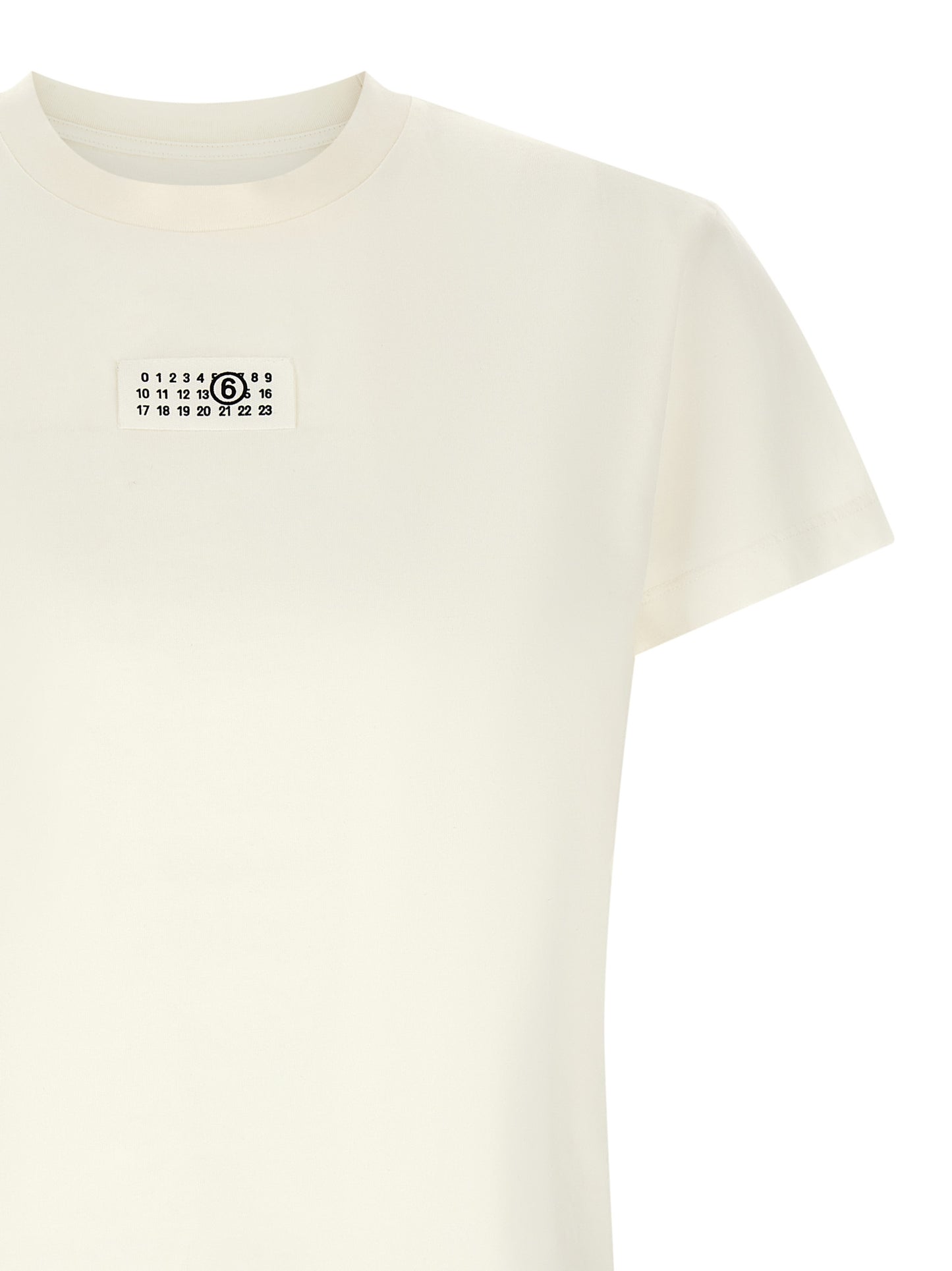 T-Shirt by MM6 Maison Margiela for women in cotton white & signature showcases a fashionable silhouette, elegantly detailed with a fashionable and for a sophisticated, high-fashion look.